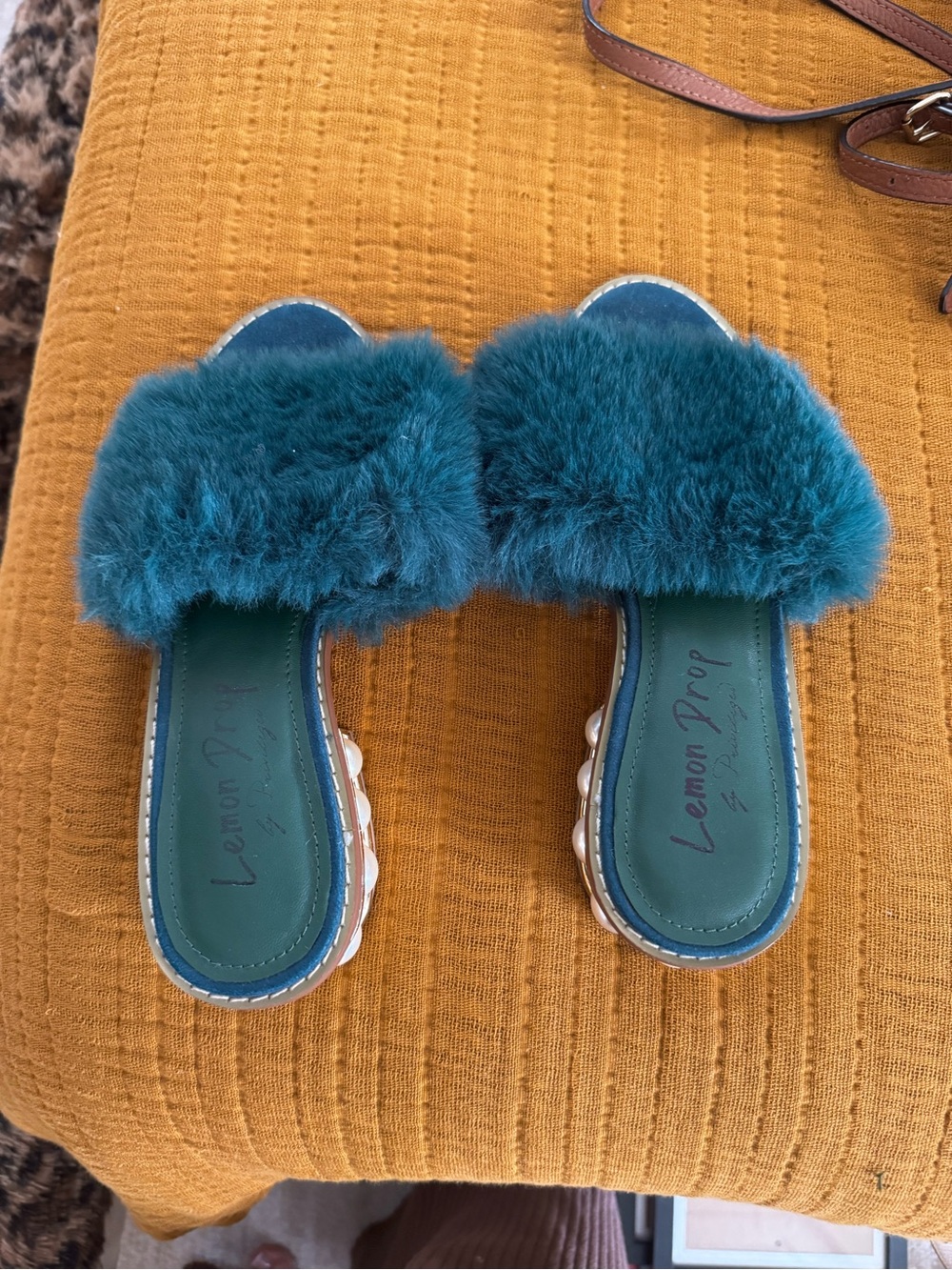 Lemon Drop by ShoeDazzle Teal Faux Fur Slide Mules
